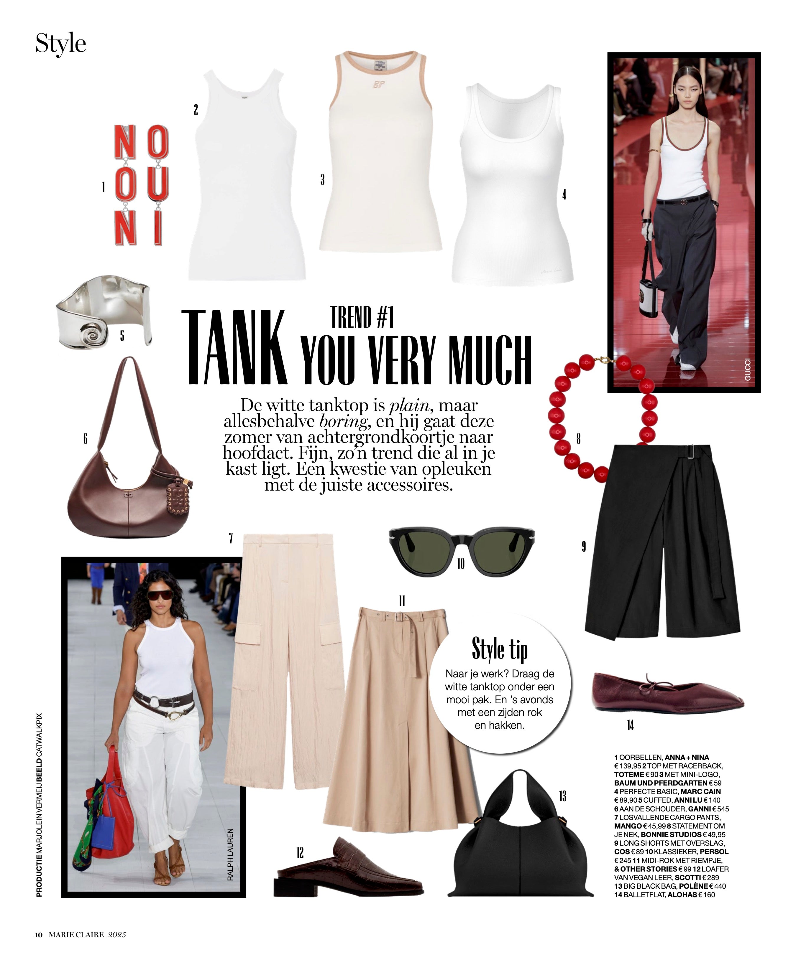 magazine shopping page from Marie Claire magazine with a selection of tanktops, dressed pants and SCOTTI square toe loafers 